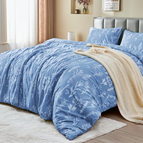 MUXHOMO Duvet Cover Queen Size, Reversible Floral Ice Blue Duvet Cover Set with Zipper Closure, 3 Pieces Botanical Patterns Soft Microfiber Bedding Set with 4 Ties (90"x90", 2 Pillow Cases)