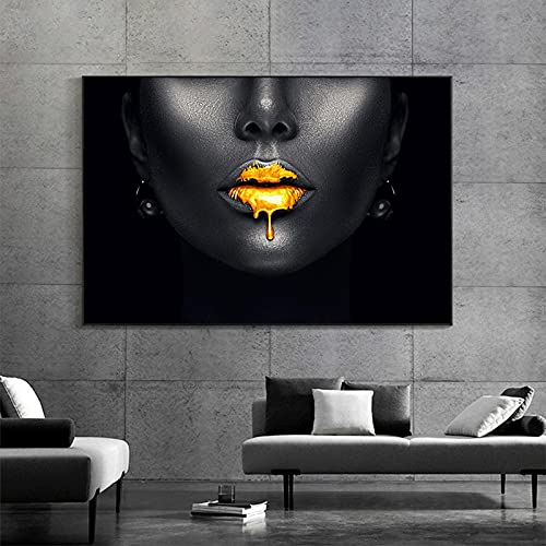 Impression giclée femme noire tableau d'art haut de gamme visage noir or 50x70cm