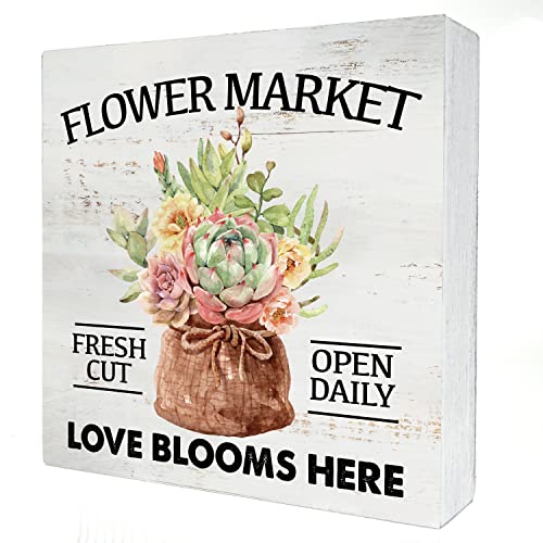 Flower Market Wood Box Sign Home Decor Rustic Farmhouse Spring Quote Wooden Box Sign Block Plaque For Wall Tabletop Desk Home Decoration #TOP8