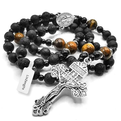 Volcanic stone rosary beads catholic for men,Rosary Necklace for men with medal & cross,Handmade black stone Beads St.Benedict Rosary Cross Necklace Catholic Gifts