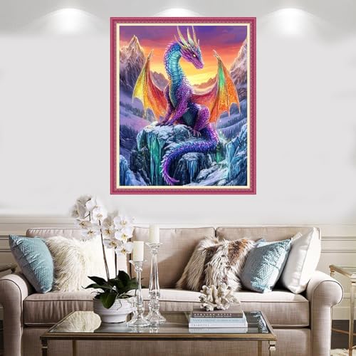 Image of Redxing Stamped Cross Stitch Kits Full Range of Embroidery Starter Kits- Needlepoint Counted Cross Stitch Kits for Beginner Adults 11CT Printed Embroidery Kit-Snow Mountain Colored Dragon 16x20 inch