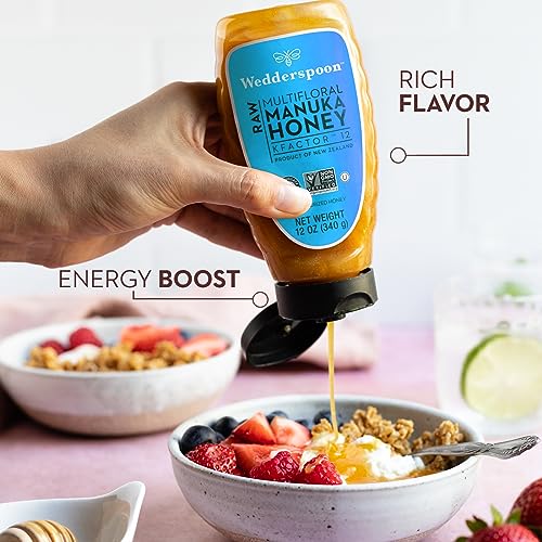 Image of Wedderspoon Raw Manuka Honey 50+ MGO, 12 Oz, Squeeze Bottle, Unpasteurized New Zealand Honey, Non-GMO, BPA-Free Jar, Superfood & Natural Wellness Support