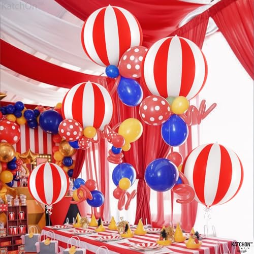 Image of KatchOn, Red and White Carnival Mylar Balloons - 22 Inch, Pack of 6 | Red and White Striped Balloons for Carnival Decorations | Circus Theme Balloons For Birthday, 70s, Carnival Party Decorations