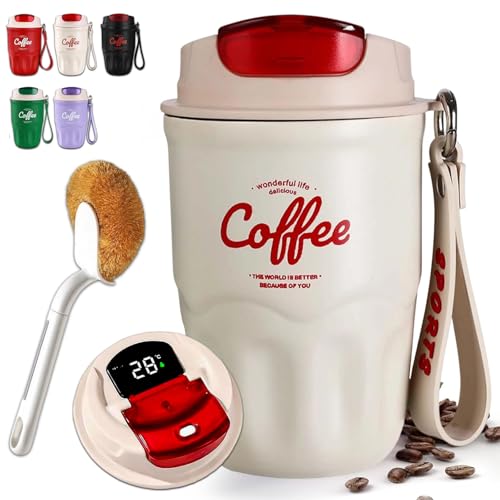 Image of Coffee Vacuum Flask, Portable Coffee Cup with Lid & Handle, Stainless Steel Insulated Water Bottle for Home, Office, and Outdoor Use, Insulated Travel Drinkware, Travel Coffee Mugs (White,Smart)