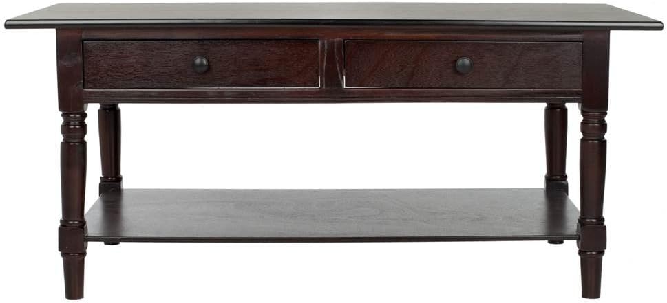 SAFAVIEH Home Collection – Boris Dark Cherry Coffee Table with Drawers & Shelf, Farmhouse Storage Coffee Table, Carved Detail Design (AMH5706D)