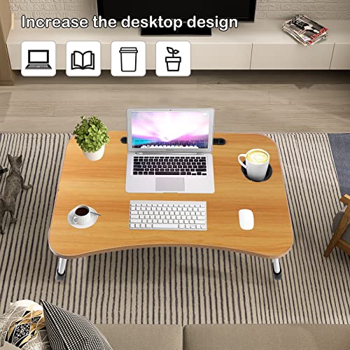 طاولة سرير محمولة قابلة للطي من سكاي تاتش، مكتب لابتوب مع حامل ايباد واكواب قابل للتعديل، حامل نوت بوك، ارجل غير قابلة للانزلاق، صينية طاولة قراءة للعمل والدراسة والتخييم 60×40×28 سم، بيج