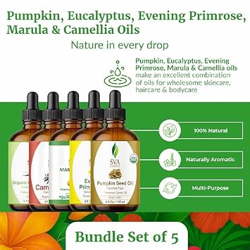SVA Pumpkin Seed, Eucalyptus Essential, Evening Primrose, Marula Seed, and Camellia Seed Bundle Super Saver Combo Premium Grade Organic Oil Set for Skin & Hair