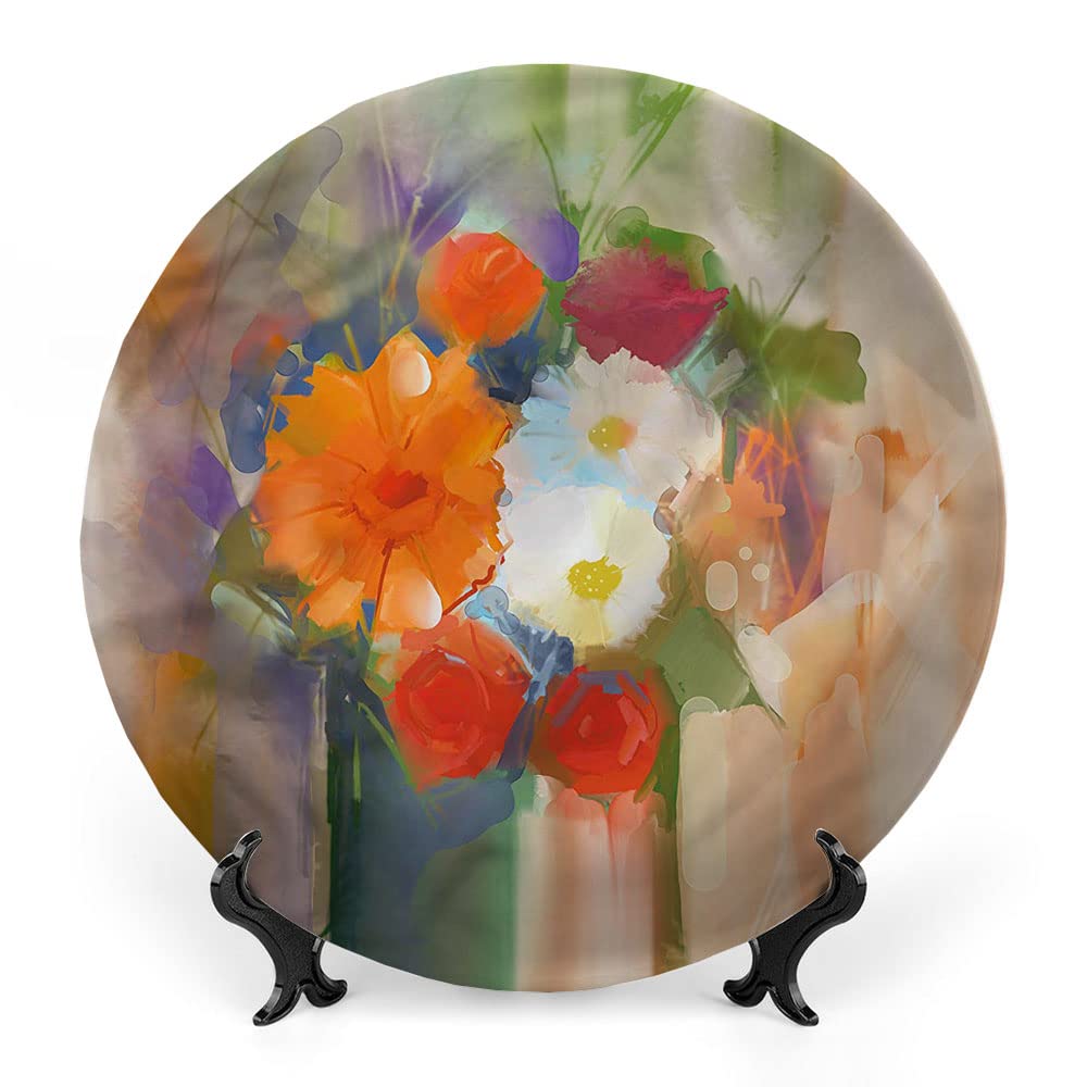 LIGUTARS Ceramic Display Plate, Flower Ceramic Hanging Decorative Plate, Hand Drawn Nostalgic Nature, 8 Inch, Living Room Kitchen Decoration Household