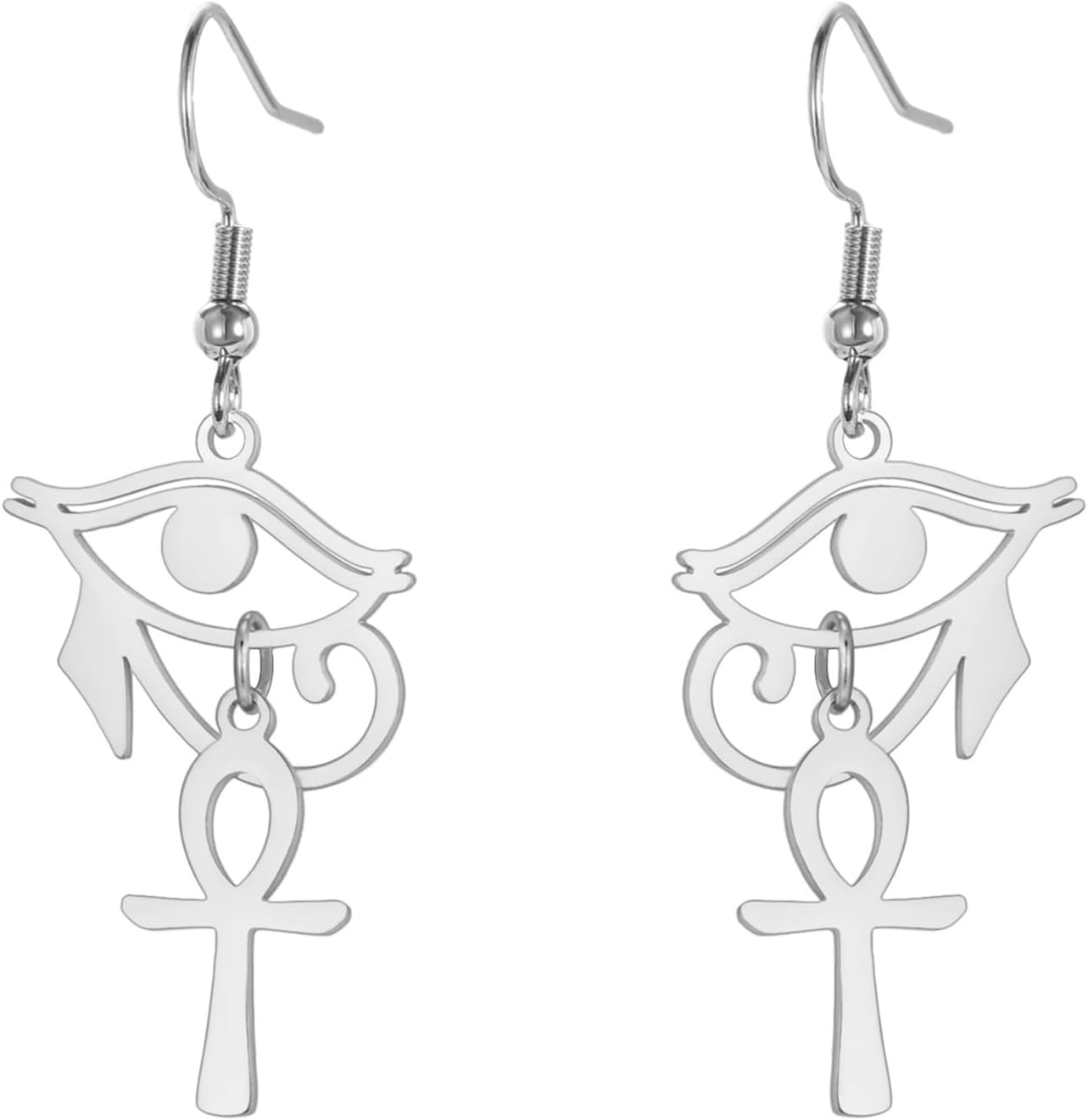 Eye of Horus Ankh Earrings for Women Stainless Steel Ancient Egyptian Eye of Horus with Ankh Cross | Double Wing Dangle Earring Protection Jewelry