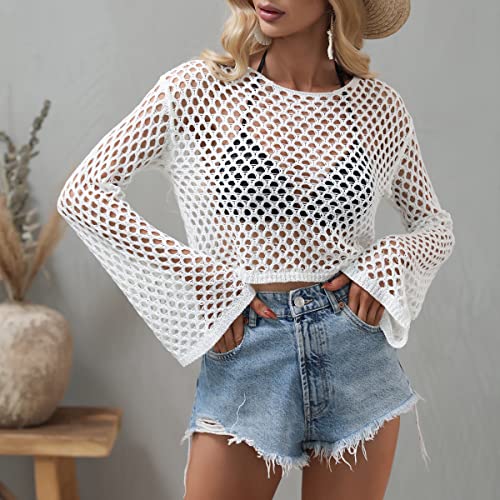 Image of Women Crochet Hollow Out Sweater See Through Fishnet Knit Pullover Cropped Tops