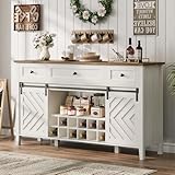IDEALHOUSE 59'' Farmhouse Buffet Cabinet with Sliding Barn Door, 33.4'' Tall Wood Rustic Sideboard with 3 Drawer, Adjustable Shelf and Removable Wine Rack for Dining Room, Kitchen, White