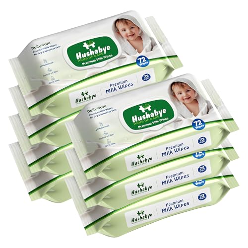 Image of Hushabye Premium Milk Baby Wipes with lid- 0+ Months, pH balanced, Paraben & Alcohol Free, Moisturising & Thick Wipes with purified Water, Gentle & soothing, 504pcs, Pack of 7