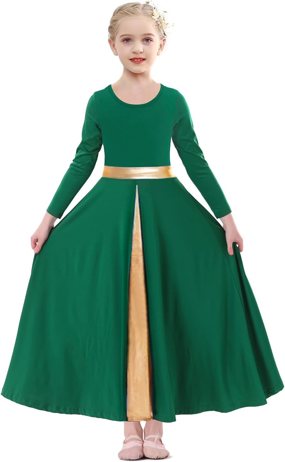 Girls Long Sleeve Praise Dance Dress Swing Skirt Liturgical Worship Costume Church Robe Dancewear
