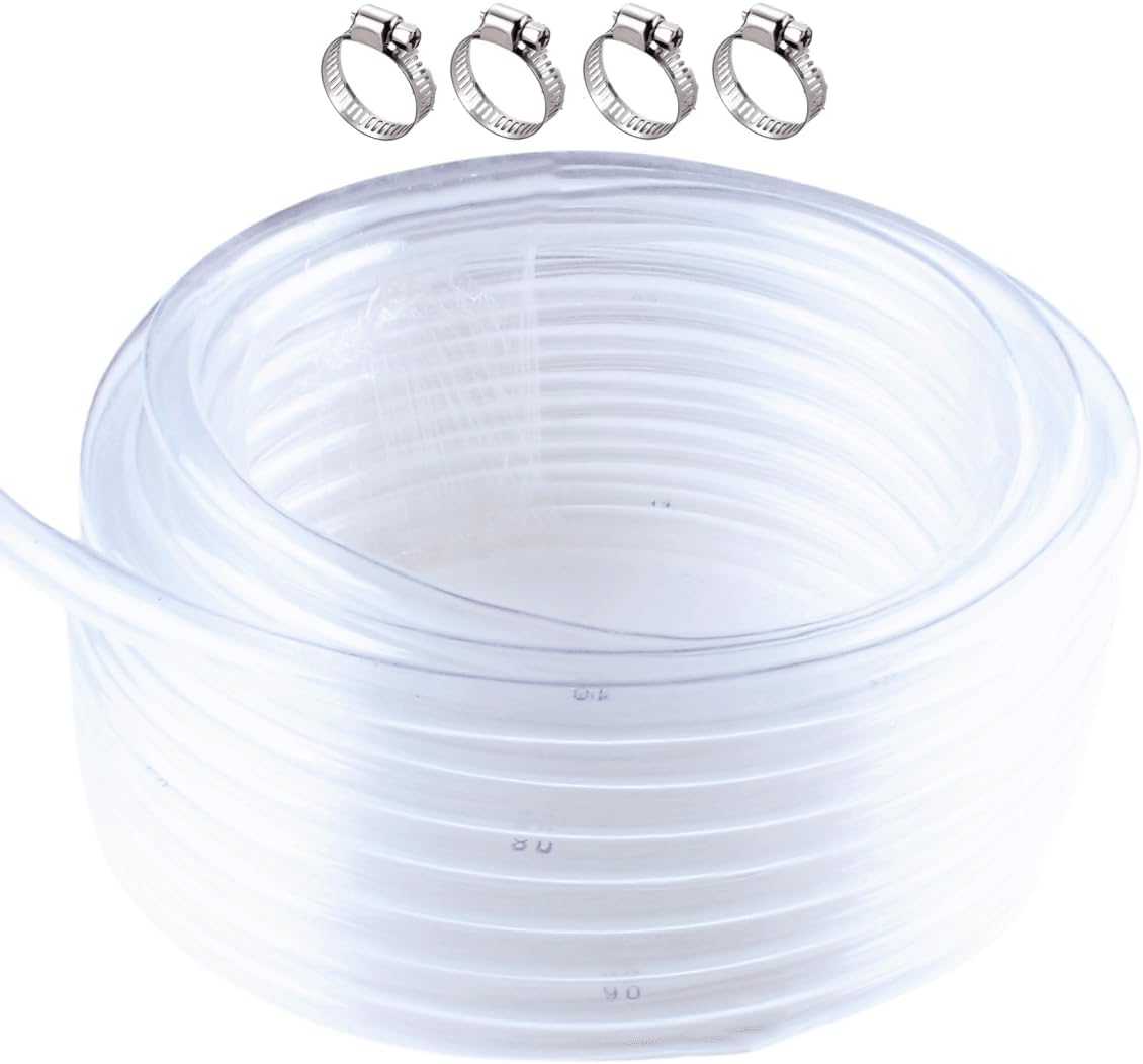 PVC Tubing 1" ID x 1-1/4" OD - 25 ft Clear Vinyl Tubing with 4 Stainless Clamps, Low Pressure Flexible PVC Tube, Lightweight Plastic Vinyl Hose for Transfer Water Air Oil.