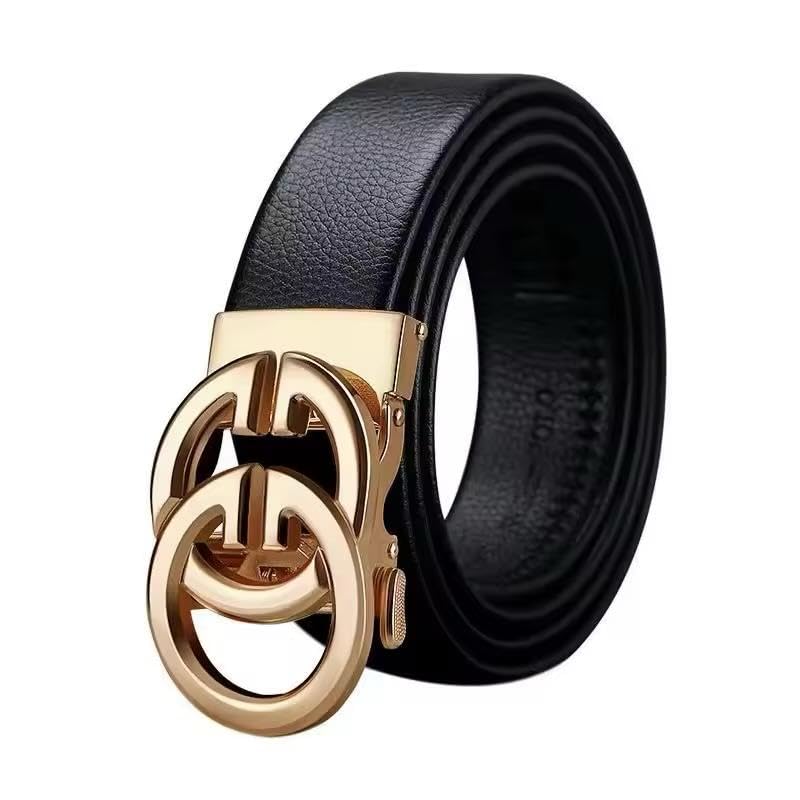 Luxury Leather Belt with Gold Double Ring Buckle, Black, Automatic Ratchet