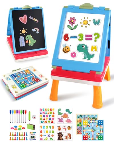 Elovien Easel Kids 4 in 1 Double Sided Toddler Art Easel with Chalkboard & Magnetic Whiteboard Foldable Kids Tabletop Easel with Drawing & Writing Accessories - Gift for Boys and Girls (Blue)