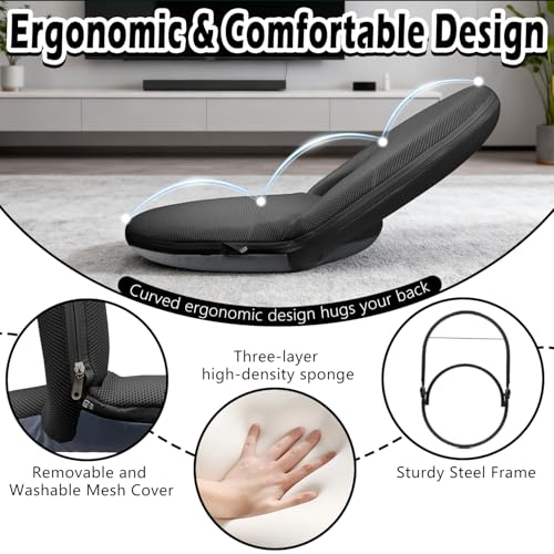 Image of Floor Chair Floor Cushion Folding Padded Gaming Chair Adjustable 5-Position Floor Seat with Back Support for Kids Adult Great for Gaming Reading Meditating (Black)