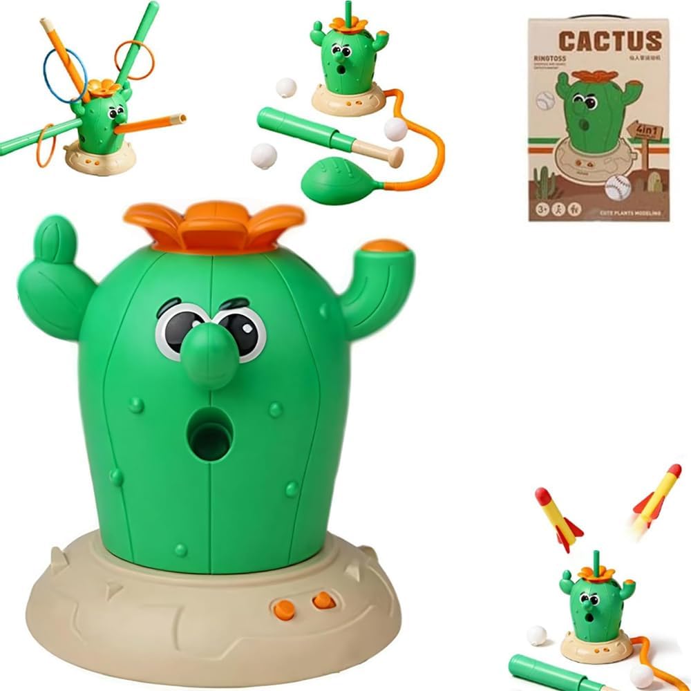 4 in 1 Cactus Toy, Cactus 4-in-1 Musical Jumping Toys Set, with Ring Toss, Stomping Rocket Launcher and Baseball Game, Fun Indoor and Outdoor for Active Play Sports