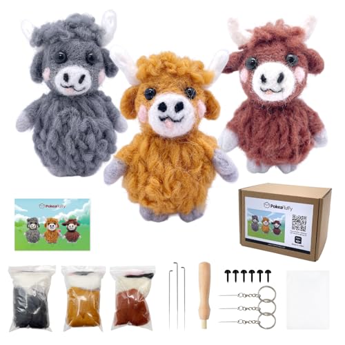 Image of Needle Felting Kit, 3 Pcs Highland Cow Wool Needle Felting Kit for Beginners & Adult, Animal Doll Making Set with Video Instruction, Craft Party Supplies, Tools & Foam Pad, DIY Birthday Gift