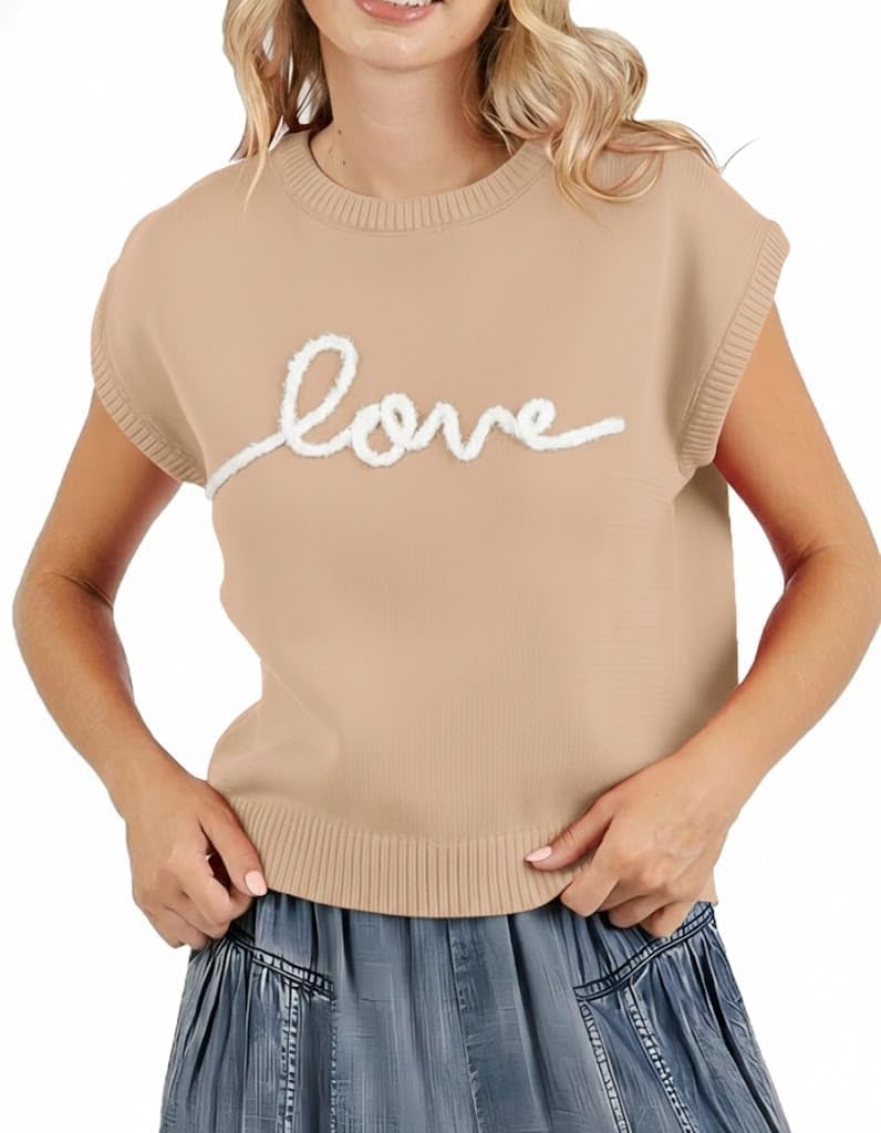 Womens Vest Sweater Cap Sleeve Love Embroidered Knit Top 2026 Sweet Cute Casual Kni...