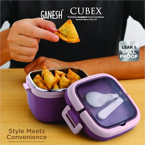 Image of Ganesh 1 Compartment Cubex Insulated Food Container with Attractive Spoon - Airtight Leak-Proof Lunch Box for Office, School, Picnic 380ml - Peach