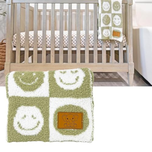 Image of L+L USA Checkered Smiley Face Baby Blanket 28 inchx40 inch - DreamSoft Knit Throw for Crib, Stroller or Car Seat Blanket /Newborn Nursery Gift Essential Toddler, Infant, Kids Boys & Girls (Sage Green /White)