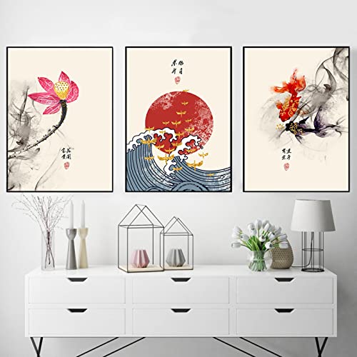 Peinture japonaise La Grande Vague et soleil levant, triptyque poétique pour la maison