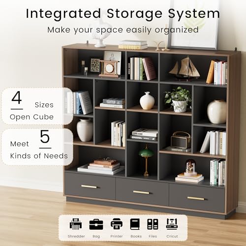 Image of ModernMate 60 inch Wide Bookshelf with 3 Drawers & 16 Open Display Storage
