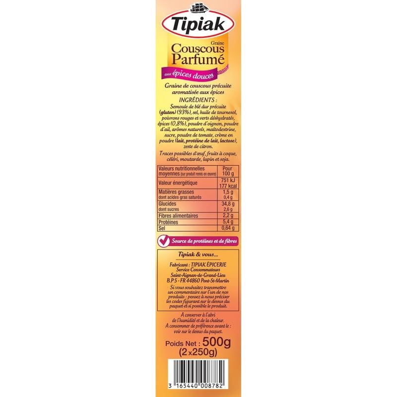 TIPIAK Couscous Aux Épices Douces - Saveurs orientales pour vos repas - Sachet de 500 g pour 4 personnes - Idéal pour accompagner vos plats mijotés. - Lot De 4 - Vendu Par Lot