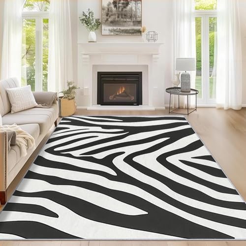 Générique Tapis de Salon Imprimé Zèbre 60x90 cm, Tapis Motif Imprimé Animal Noir et Blanc Antidérapant et Lavable en Machine, Paillasson Interieur Entree...