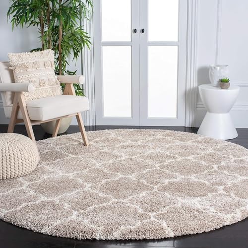 Image of Modern Shaggy Round Rug | Ultra-Soft Plush Circle Carpet for Living Room, Bedroom, Nursery | Fuzzy, Fluffy Area Rug with Non-Slip Base Beige MII MII 3x3 feet