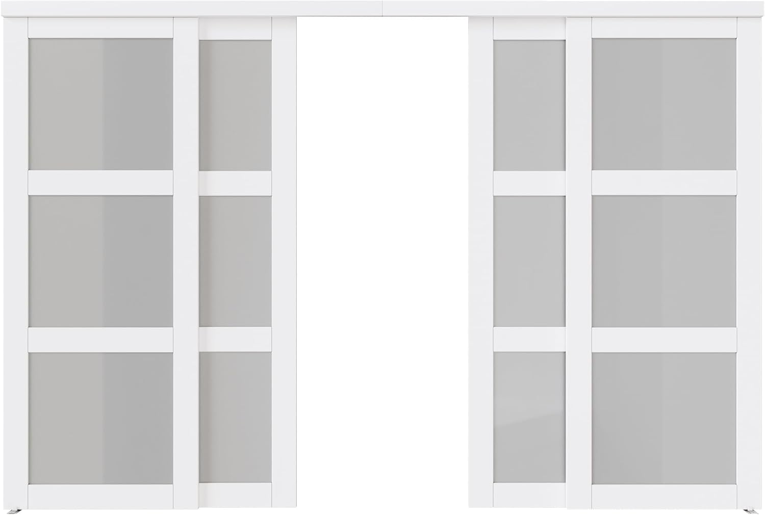 Two white sliding closet door panels with frosted glass inserts.
