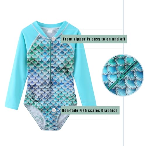 Image of Girls One Piece Swimsuits Long Sleeve Rash Guard for Kids Girls Hawaiian Swim Shirts UPF 50+ Sun Protection