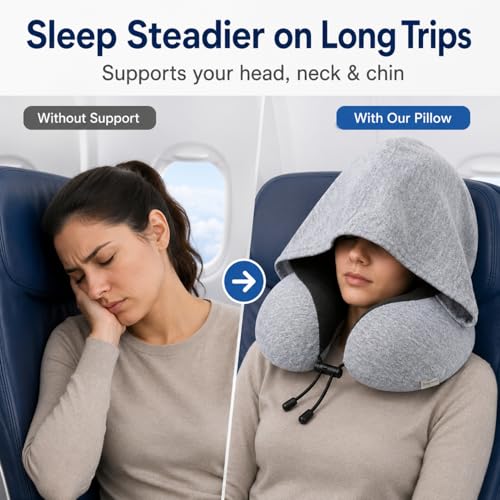 Image of Hooded Travel Pillow for Airplane, Memory Foam Neck Pillow for Long Flights, 360 Head Neck & Chin Support, Light Blocking Privacy Hood, Adjustable Drawstring, Compact Carry Bag for Plane Car Office