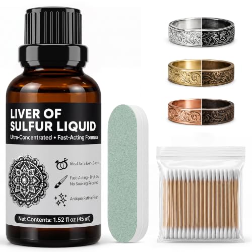 Liver of Sulfur for Oxidizing Jewelry 1.5 Fl. Oz. (45ml) Liver of Sulfur Liquid for Silver & Copper Patina for Metal No Mixing Required Includes Polishing Stick & Cotton Swabs