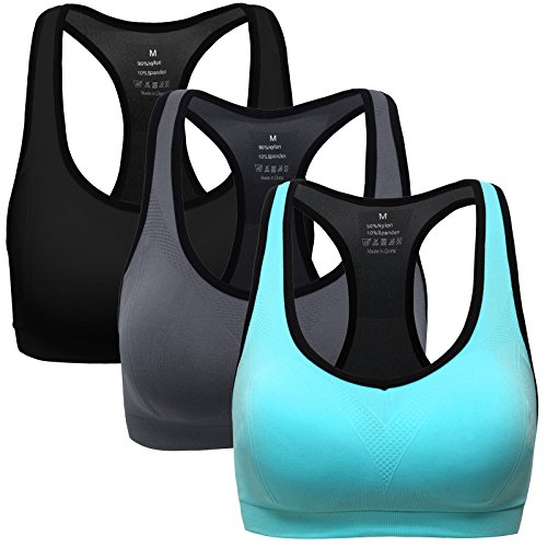 MIRITY Women Racerback Sports Bras - Medium Impact Workout Gym Activewear Bra Color Black Grey Blue Size M