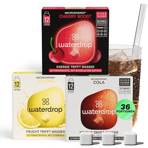 waterdrop Soda Set - 36 zuckerfreie Drops mit prickelndem Cola Kirsch & Zitronen Geschmack - vitaminreicher Durstlöscher - spritzige Alternative zu Limonade Sirup Getränkepulver & Flavour Drops