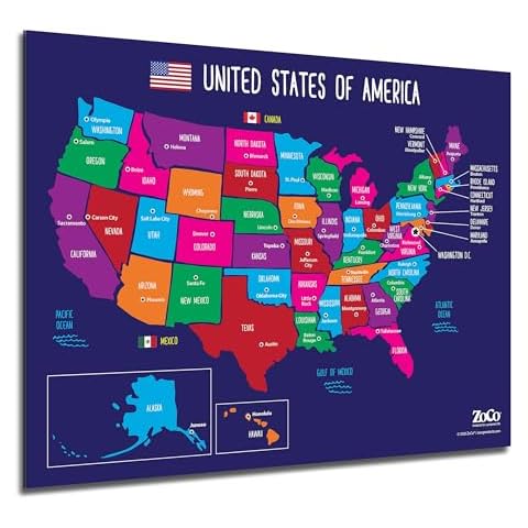 ZOCO - Map of USA, 50 States with Capitals Posters (5 Pack) - Laminated, 17 x 22 inches - Colorful Complete Poster of United States for Children - North America Cover