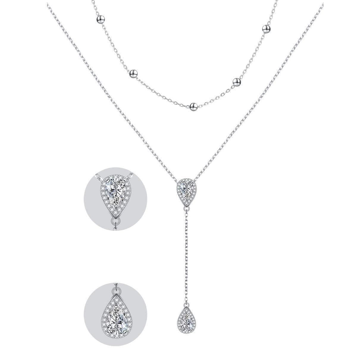 Collana girocollo a strati S925 in argento sterling regolabile multistrato goccia pendente Y Lariat perline collana gioielli regali per donne ragazze, 16+18+3 Zoll, Argento sterling, Zirconia cubica