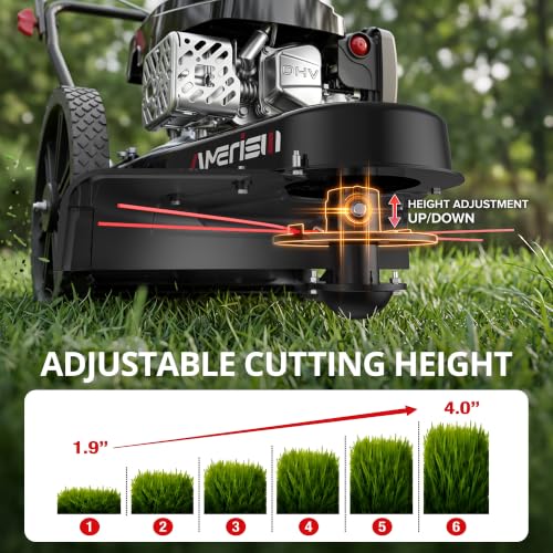 Image of AMERISUN 22-Inch 170cc Walk Behind String Trimmer with 14-Inch High Wheels | 4-Stroke OHV Gas Brush Mower, Foldable Handle, 1.9 inch-4.0 inch Adjustable Cutting Height for Tall Grass, Weeds & Brush