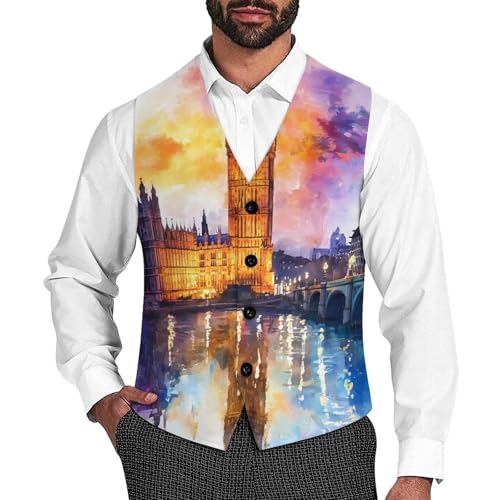 London in Watercolor Suit Vest for Men Waistcoat Dressy V Neck Button Down Sleeveless Business Jacket Coat
