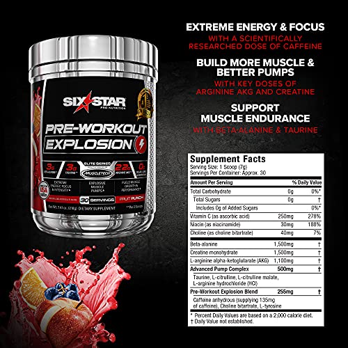 Pre Workout | Six Star Preworkout Explosion | Pre Workout Powder For Men & Women | Preworkout Energy Powder Drink Mix | Sports Nutrition Pre-Workout Products | Fruit Punch (30 Servings) #TOP1