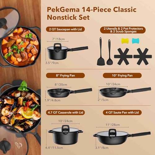 PekGema Nonstick Pots and Pans set, Non Stick Cookware Set 14 Pcs, Induction Cooking Set with Pour Spouts and Stay Cool Handle, PFOA FREE, Classic Black - Image 3