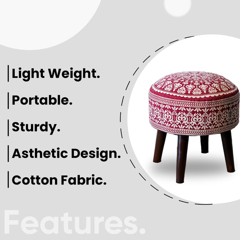 Image of Stool Ottoman Pouffes for Living Room, Kitchen, Home, Office Furniture with Soft Cotton Cushion Mudda Footrest Stool for Chair Sofa Bed Dressing Decor, Mandala Red (17 Inch Pack of 1)