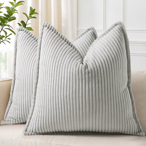 decorUhome Corduroy Grey Throw Pillow Covers 22x22 Set of 2 Decorative Soft Boho Striped Neutral Euro Farmhouse Couch Pillow Cases with Broadside for Living Room Bed Sofa