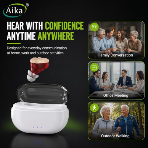 Image of Aika Rechargeable Digital Hearing Aid for Adults & Seniors | Invisible Mini CIC Hearing Amplifier | Noise Reduction | Magnetic Charging Case | 42 Hours Battery Backup | Volume Control | Comfortable In-Ear Design (1 Year Warranty)