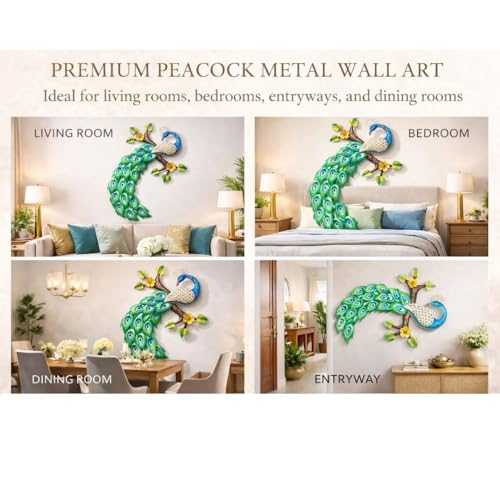 Image of Framing Hub Metal Hand Painted Peacock Wall Art Decor | Decorative Wall Sculpture for Living Room Bedroom Drawing Room Office (Size 30x22 Inch)