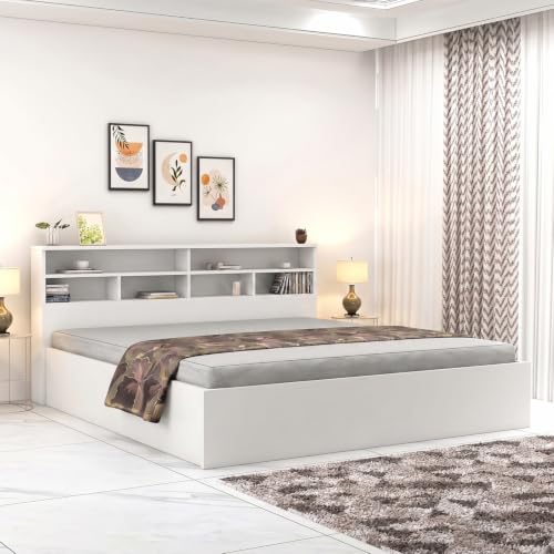 Image of DesignFit Engineered Wood King Size Bed with Box Storage | Wooden Double Bed Cot Palang Furniture | Modern Storage Bed Frame for Bedroom Living Room (White Finish)