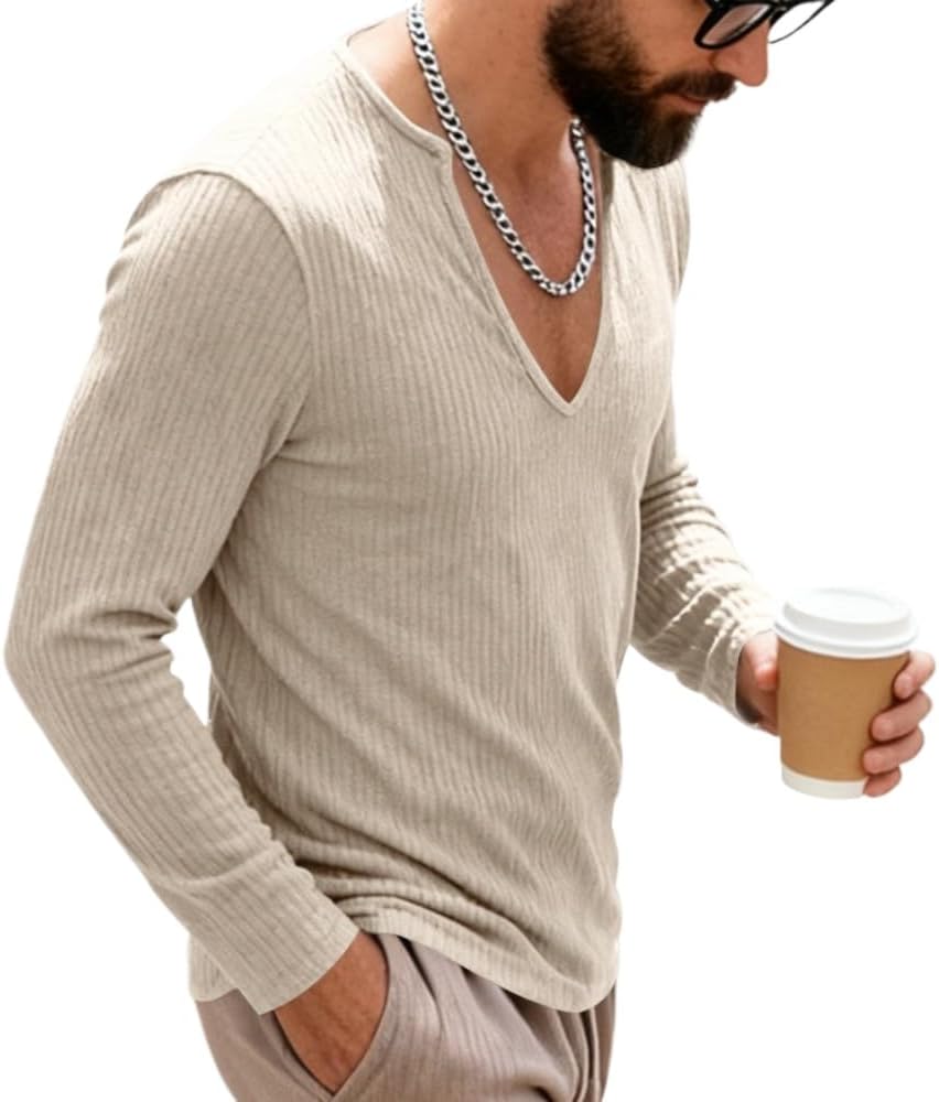 TOMITANY Mens Deep V Neck Knitted Sweater Casual Trendy Sexy Slim Fit Pullover Lightweight Long Sleeve Knitwear Tops
