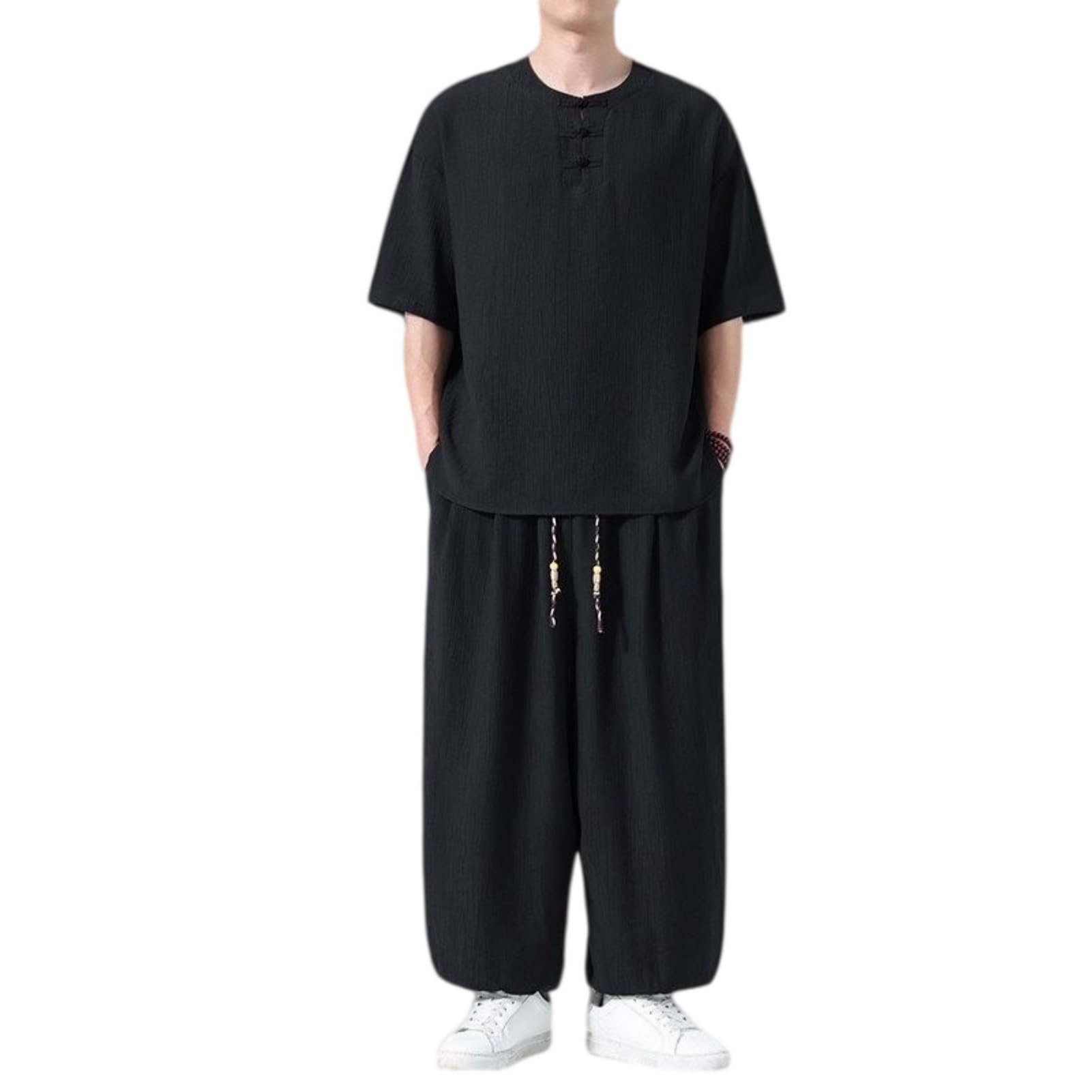 Set da uomo vintage con top Henley e pantaloni harem | Coulisse in vita, pantaloni harem, vestibilità larga, abbigliamento sportivo primaverile-casual